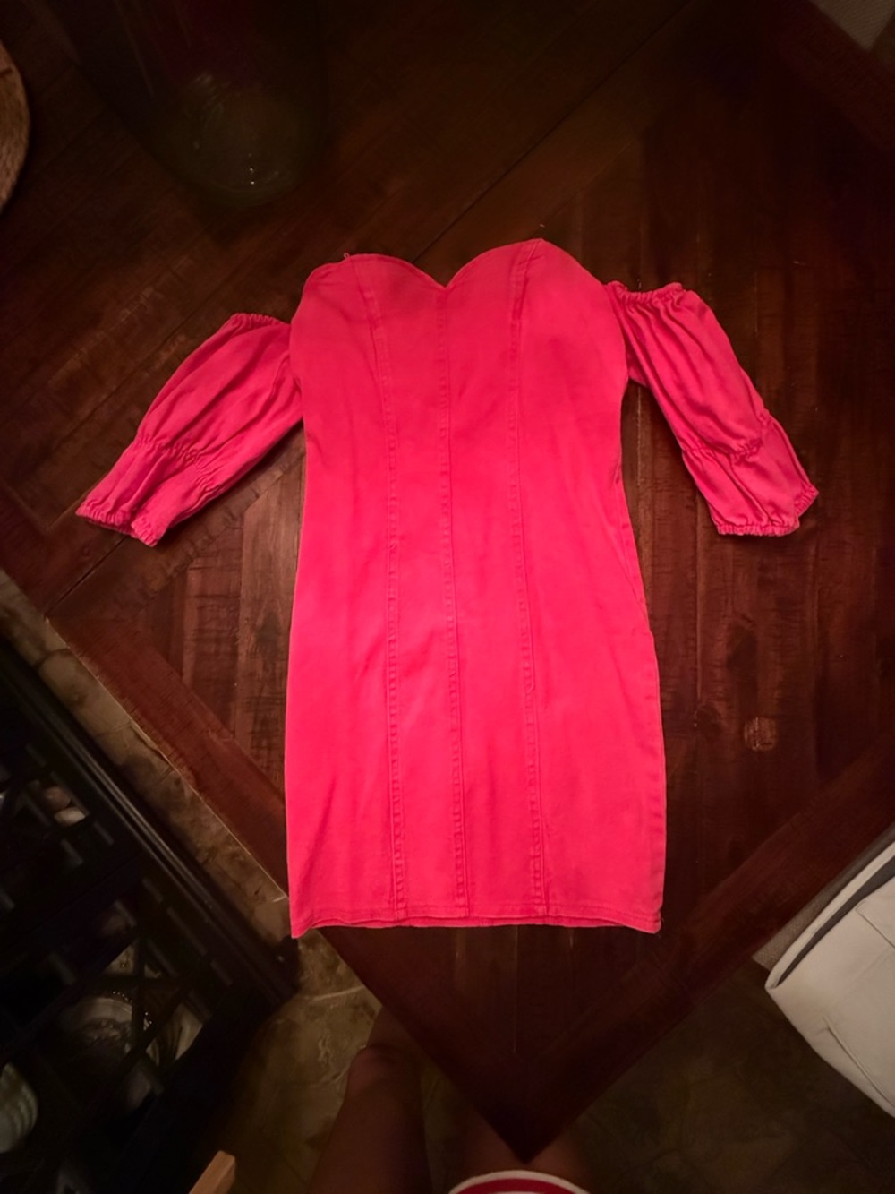 NWT Hot Pink Denim Mini Dress Off Shoulder Puff Sleeve Stretch Size Medium